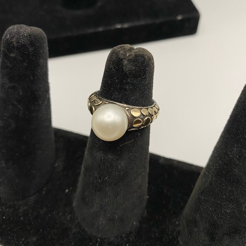 John Hardy Dots Pearl 18k Yellow Gold & .925 Sterling Silver Ring Size 7